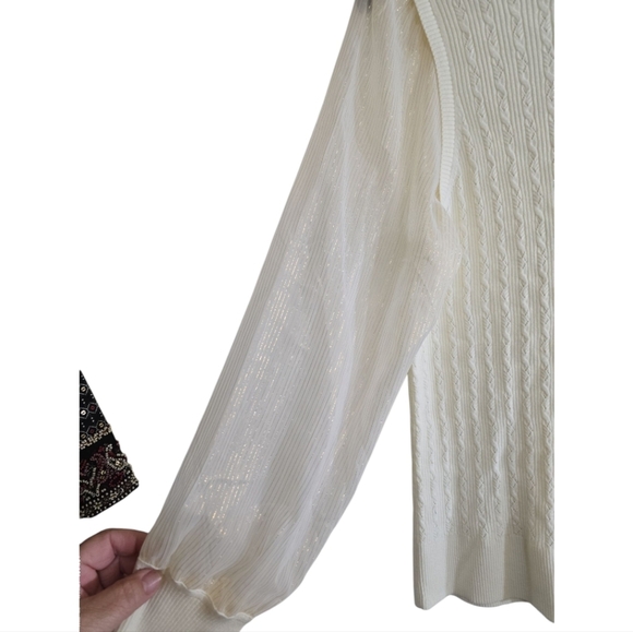 Talbots Lightweight Cream Cable Knit Sweater Sheer Metallic Striped Sleeves XL - Picture 3 of 8